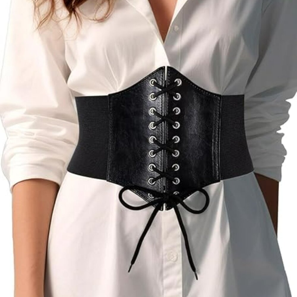 Lace-Up Corset Belt Women's Black Elastic Leather‎